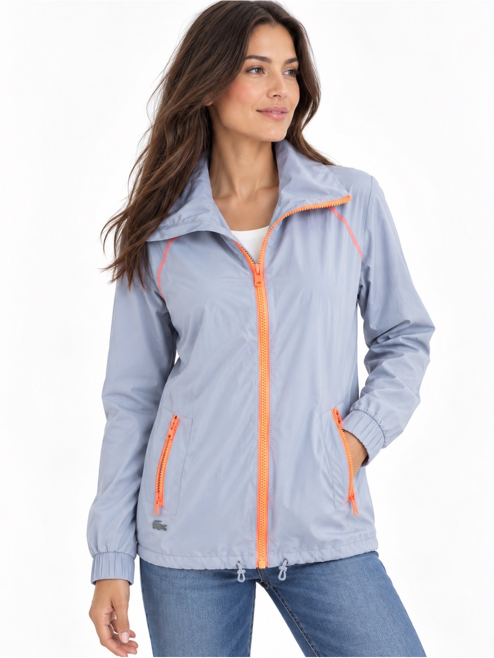 Lacoste Sport Windbreaker Women XS 32 Gray Neon Zip Hooded Lightweight Jacket